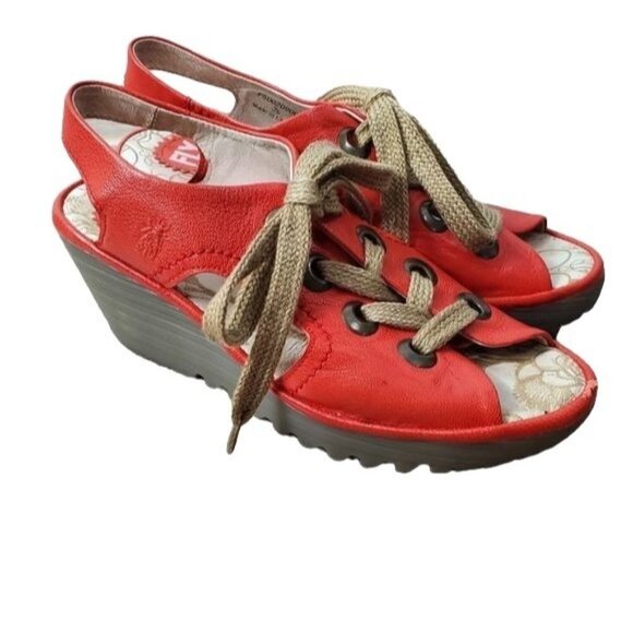 Fly London Shoes - Fly London Women's Wedge Shoe Ylfa Red Lace Up Sandal Sz 8-8.5M EU 39